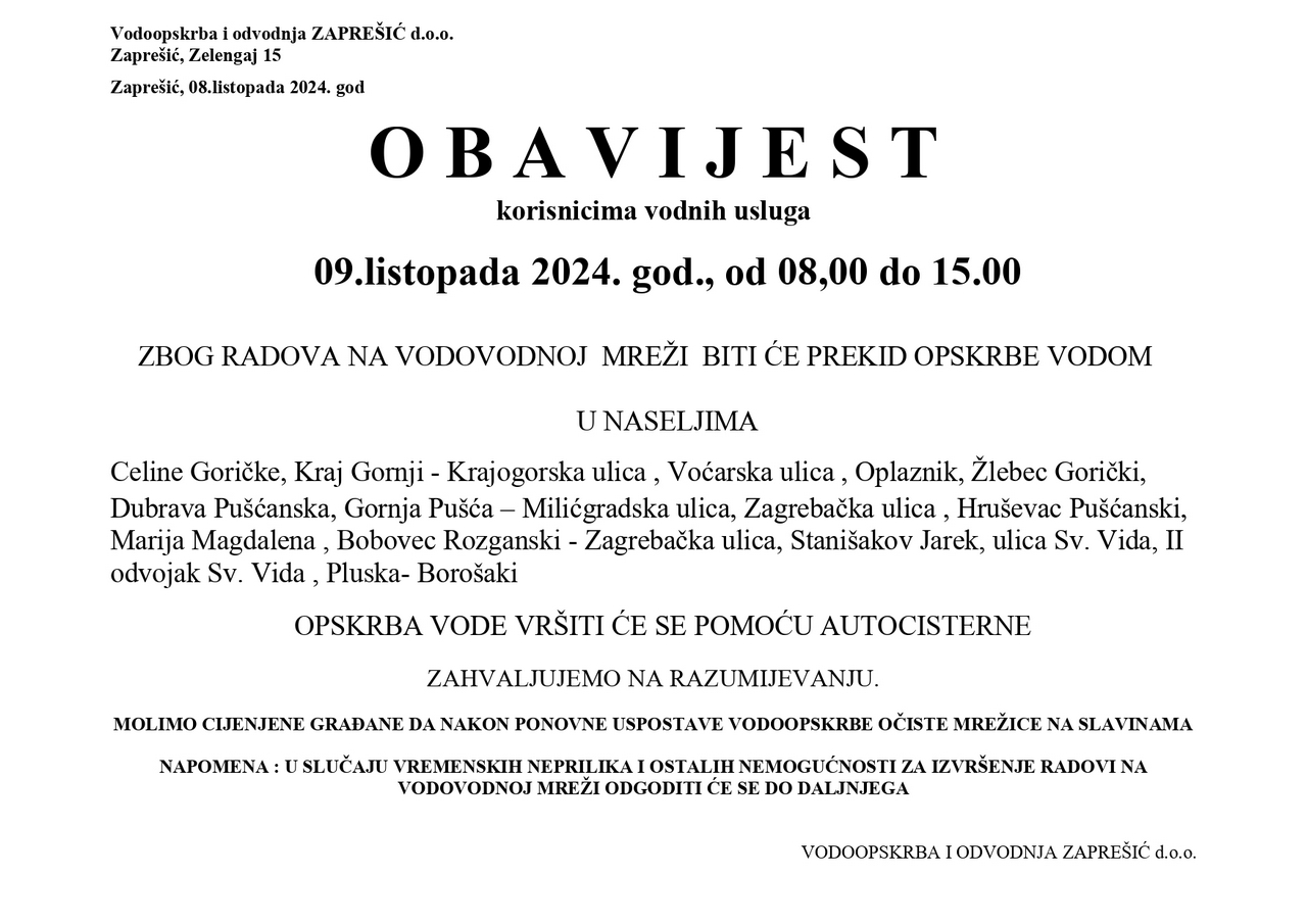 OBAVIJEST vodovod 10.2024
